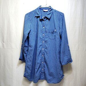 Victorias Secret Blue Gingham Med Button-Up Shirt Dress Long Sleeve Roll Up Tabs